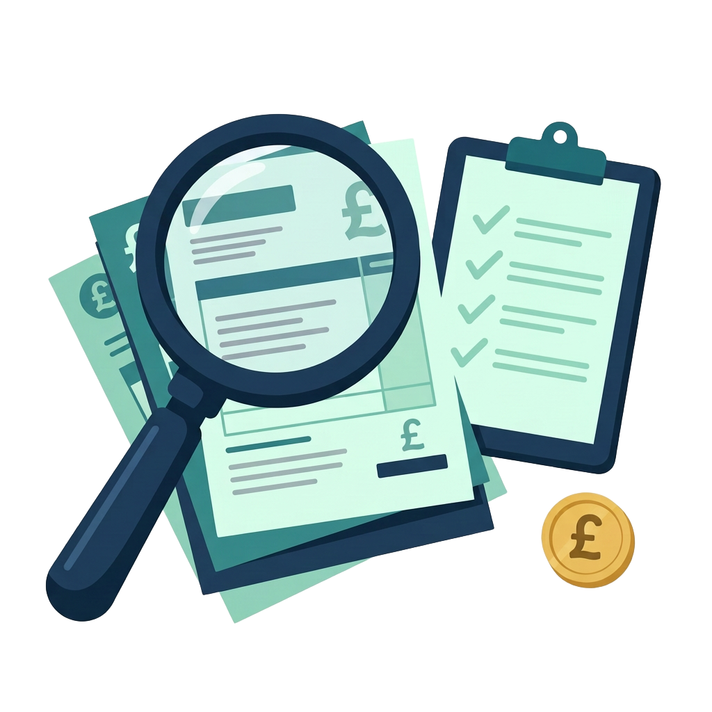 A magnifying glass examining financial documents beside a completed checklist